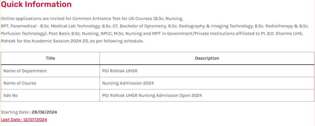 PGI Rohtak UHSR Admission Open 2024