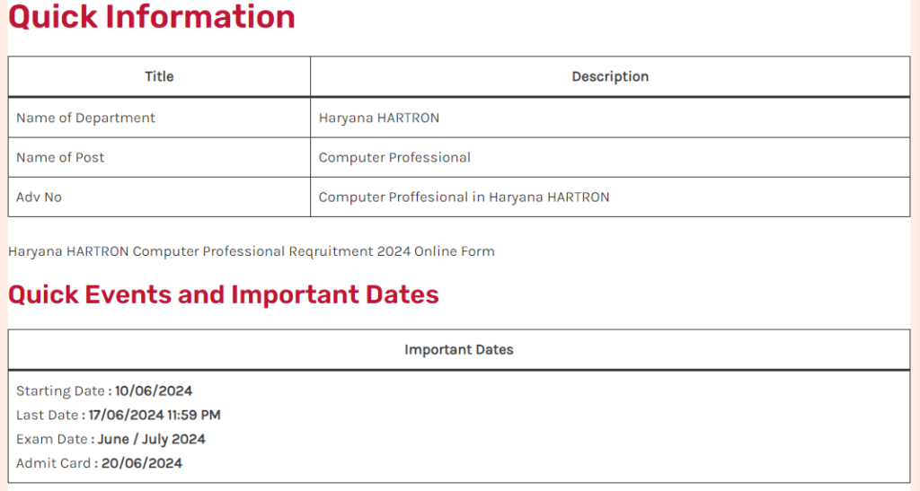 Haryana HARTRON Computer Professional Reqruitment 2024 Online Form