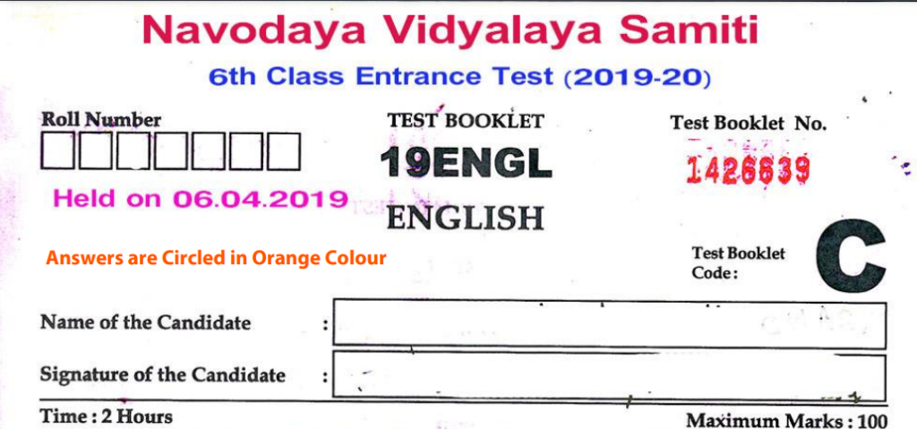 JNVST 2019 Class 6th Previous Year Question Paper with Answer Key