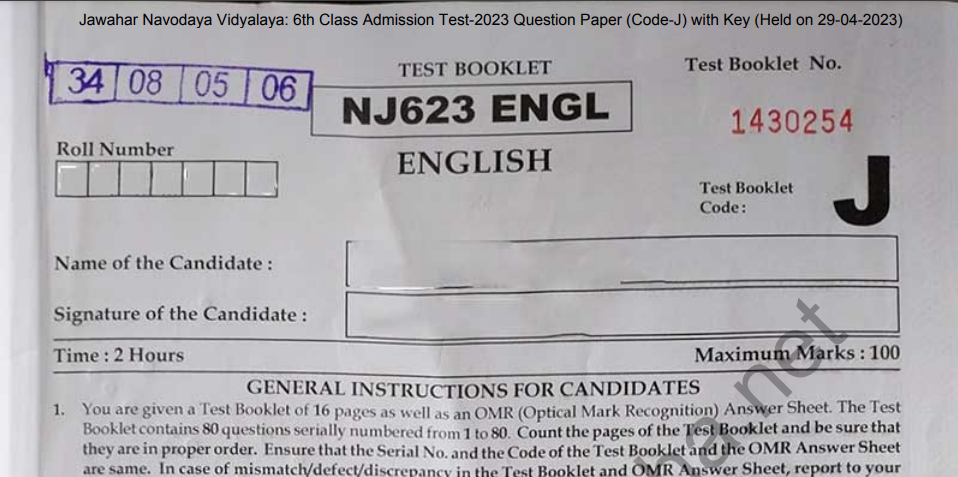 JNVST 2023 Class 6th Previous Year Question Paper with Answer Key