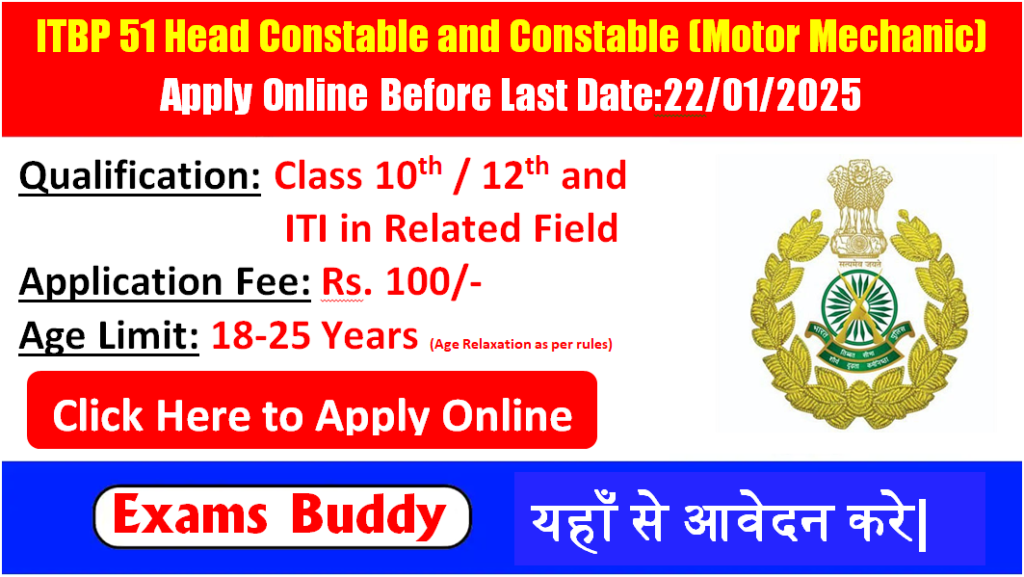 ITBP Head Constable and Constable 51 Motor Mechanic Vacancy 2024